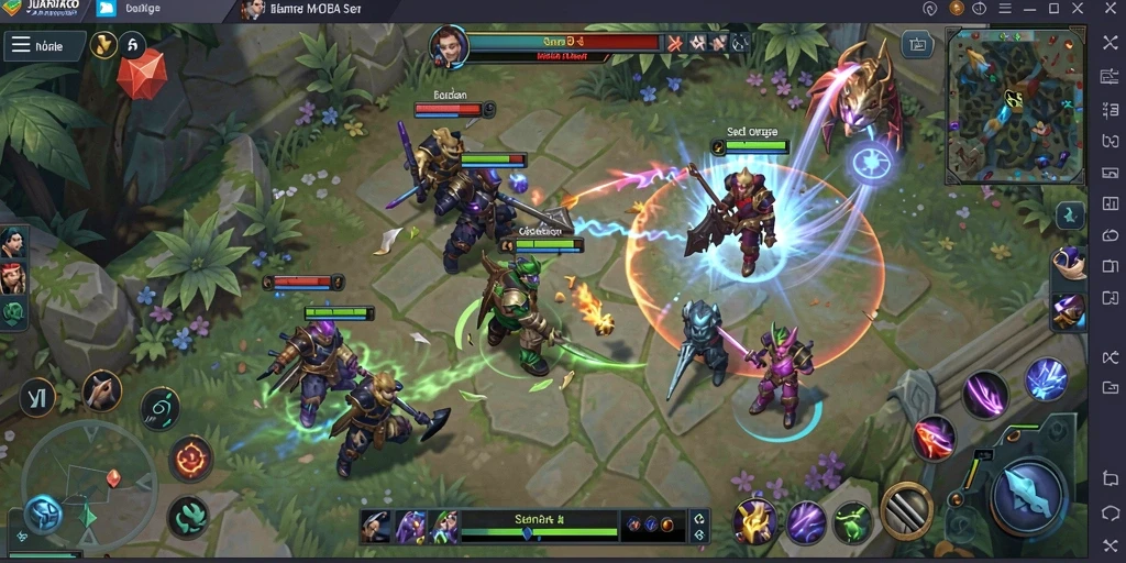 Tampilan seru dari gameplay JUARAGO yang menunjukkan aksi MOBA