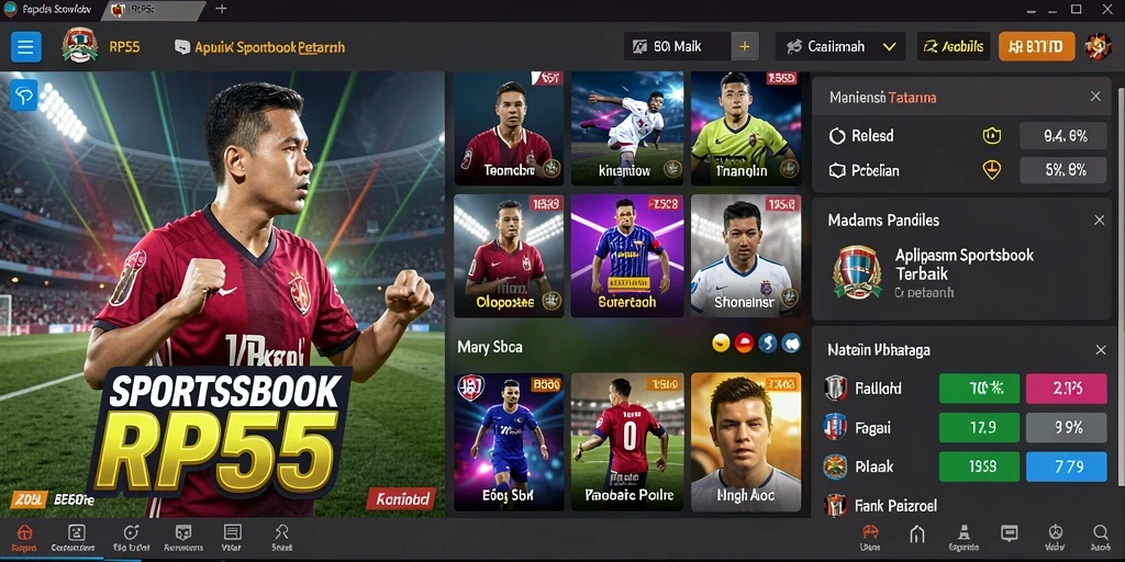 Screenshot utama RP55 menampilkan antarmuka Sportsbook yang menarik.