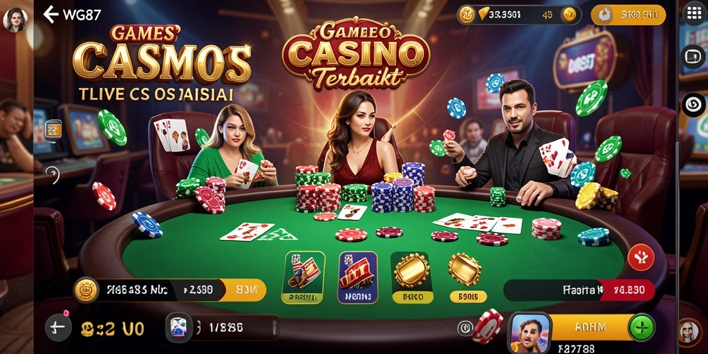 Screenshot gameplay WG87 menampilkan dealer langsung yang profesional dan suasana kasino yang menegangkan.